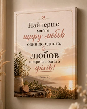 Картина на холсте с библейской надписью, подарок на свадьбу, декор для дома молодоженов "Любовь" - 1 Петра 4:8" размер 30х40 см