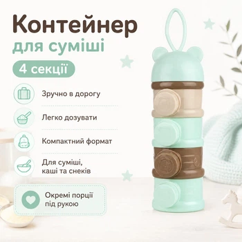 Контейнер-дозатор для детской смеси 4 секции, для каши и снеков, мятный с медвежонком
