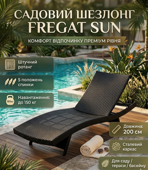 Шезлонг садовый Fregat SUN металл искусственный ротанг 200×64×40 см черный 150 кг