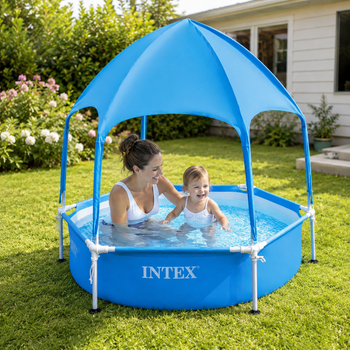 Детский каркасный бассейн Intex 28209 188x38 см 700 л с навесом Круглый бассейн для детей Летний каркасный бассейн с крышей для дома дачи сада двора отдыха Голубой