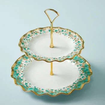 Двухъярусная этажерка для десертов из костяного фарфора с позолотой Fortnum & Mason Cloverleaf