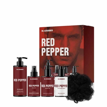 Мужской набор Mr.SCRUBBER Red Pepper для ухода: Шампунь 2в1 Red Pepper, 300 мл + Гель для бритья Red Pepper, 100 мл + Крем после бритья Red Pepper, 100 мл + Одеколон Red Pepper, 100 мл + Мочалка