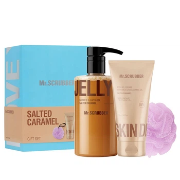Набор для тела Mr.SCRUBBER Salted Caramel: Гель для душа Mr.SCRUBBER Jelly Bubbles Salted Caramel Shower & Bath Gel 500 мл + Крем-гель Mr.SCRUBBER Skin Delights Body Gel Cream Salted Caramel 150 мл + Мочалка для душа