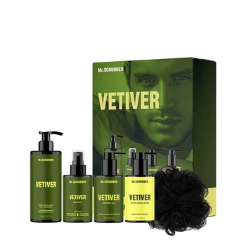 Мужской набор Mr.SCRUBBER Vetiver для ухода: Шампунь 2в1 Vetiver, 300 мл + Гель для бритья Vetiver, 100 мл + Крем после бритья Vetiver, 100 мл + Одеколон Vetiver, 100 мл + Мочалка