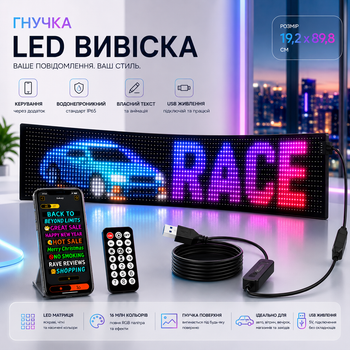 Гибкая светодиодная вывеска бегущая строка YUZINO 19.2х89.8 см программируемый LED дисплей на окно авто с Bluetooth и USB
