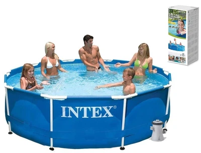 Каркасный круглый бассейн Intex 28202, 305х76 см, объем воды 4485 литров, из качественного ПВХ, для взрослых и детей, со сливным клапаном, фильтр-насос в комплекте, голубой