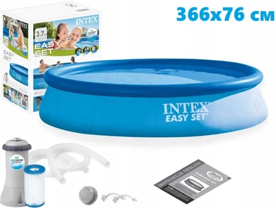 Бассейн надувной Intex Easy Set 28132 + фильтр-насос в комлекте, 366х76 см, трехслойный ПВХ, для всей семьи, голубой