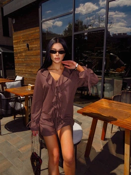 Жіночий літній костюм (шорти+блуза з воланами) Uaclothes 46 Коричневий (like38280-187131350)