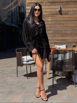 Жіночий літній костюм (шорти+блуза з воланами) Uaclothes 46 Чорний (like38278-187111350)