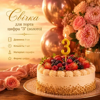 Свечка для торта цифра "3" (золото)
