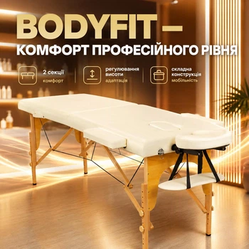 Массажный стол BodyFit 2-секционный 60см деревянный, складной, с аксессуарами, кушетка - Бежевый