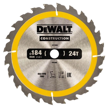 Диск пилочный DeWALT DT1939 диаметр 184 мм посадка 16 мм 24 зуба 7000 об/мин (DT1939)