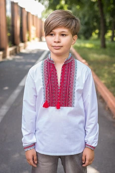 Детская вышиванка из поплина с домоткаными вставками,158, Белый с красным