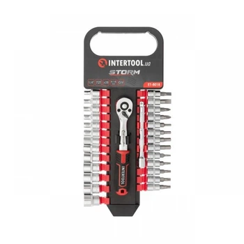 Набор головок 28 шт 1/4 '4-14 мм, TORX, PH, HEX, SL на 72 зуба из Cr-V стали Intertool ET-8018 с трещоткой и удлинителем для монтажа резьбовых соединений