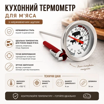 Термометр для мяса с нержавеющим щупом, механический для продуктов питания до 120 градусов Стеклоприбор ТБ-3-М1