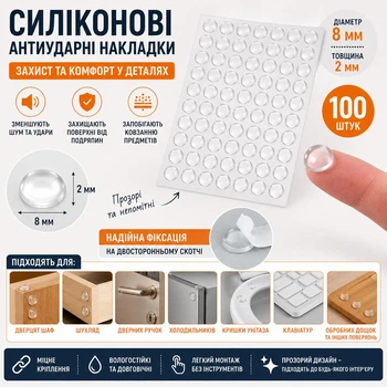 Силіконові антиударні накладки 8 мм прозорі самоклеючі 100 шт / Демпфери для меблів, дверцят, шухляд та техніки