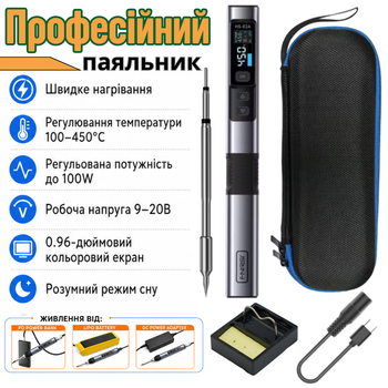 Паяльник Fnirsi HS-02A мощностью 100W профессиональный с регулировкой температуры для проводов и плат в наборе с подставкой и пеналом