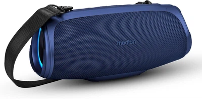 Портативна Bluetooth-колонка MEDION (акумуляторна батарея, підсилення басів, світлові ефекти RGB, захист від води та довговічність IPX7, вбудований портативний зарядний пристрій, 2x 15 Вт RMS) (Синій)