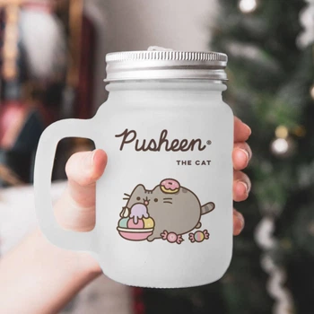 Чашка - банка для коктейлей с трубочкой матовая с принтом Pusheen Пушин 430 мл (БА230121)