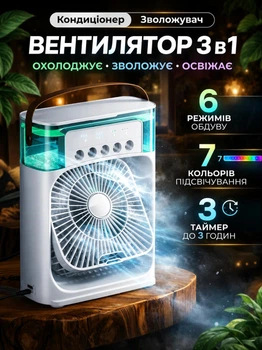 Настільний акумуляторний вентилятор-охолоджувач 3 в 1 з функцією зволожувачем повітря RGB підсвічуванням Білий 26х19 см