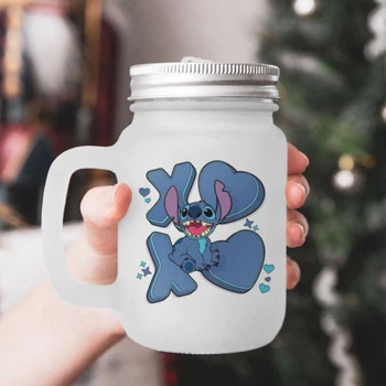 Чашка - банка для коктейлей с трубочкой матовая с принтом Stitch Стич 430 мл (БА230093)