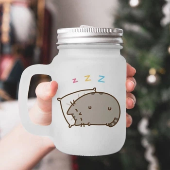 Чашка - банка для коктейлей с трубочкой матовая с принтом Pusheen Пушин 430 мл (БА230120)