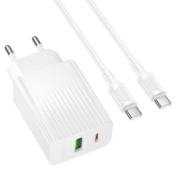 Сетевое зарядное устройство Borofone BAS76A, 1Type-C, 1USB, PD, QC, 30W, кабель Type-C to Type-C, Белый