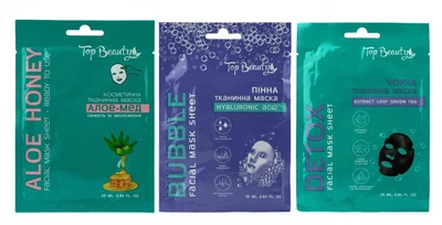 Набір тканинних масок для обличчя чорна Detox + пінна Hyaluronic acid +зволоження Алое з Медом, Топ Бьюті, Top Beauty 25 мл х 3 шт