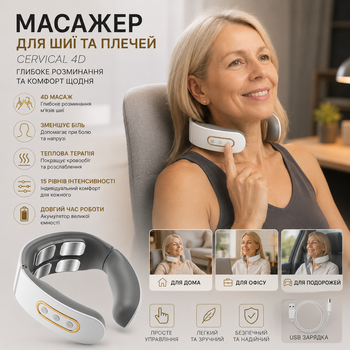 Масажер для шиї Cervical 4D — Бездротовий ударний роликовий масажер з підігрівом, Білий