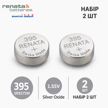 Батарейка Renata 395 (SR927SW) 2 ШТУКИ, серебряно-оксидная, 1.55V, для часов, Швейцария