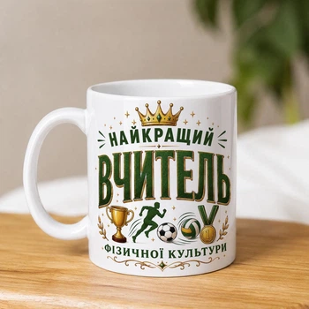 Біла керамічна чашка з дизайном "Найкращий вчитель фізичної культури"