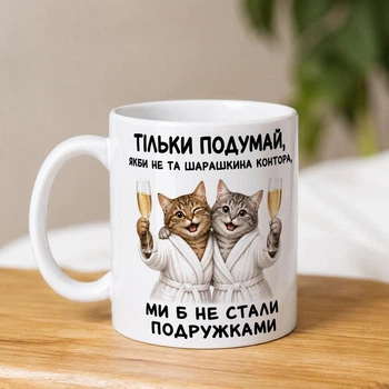 Белая керамическая чашка с надписью "Ты только подумай, как бы не та шарашкина контора, мы бы не стали подружками"