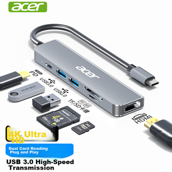 Док-станция расширения Acer Type-C, адаптер USB-C на HDMI для MacBook, компьютеров Huawei, конвертер iPad, док-станция расширения для зеркального отображения экрана 4K, шесть входов с кардридером.