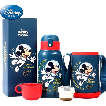 Детская термокружка Disney с трубочкой, изготовленная из нержавеющей стали 316, большого объема, с чехлом для стакана и двойной крышкой, объемом 650 мл, с изображением Микки Мауса.