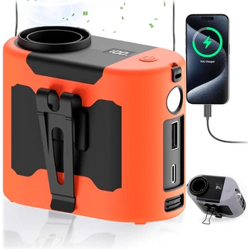 Вентилятор портативный POPERFAN 3в1 с фонариком и повербанком 10000 мАч USB/Type C выходы и крепления на пояс Оранжевый