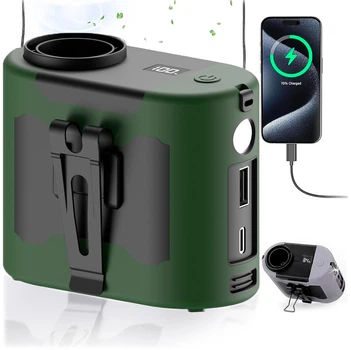 Вентилятор портативный POPERFAN 3в1 с фонариком и повербанком 10000 мАч USB/Type C выходы и крепление на пояс Зеленый