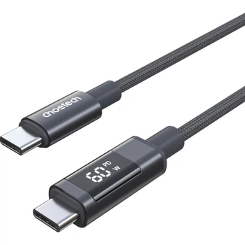 Кабель для передачі даних Choetech USB-C 2.0 M-M 480 Mbps PD 60W LED-дисплей 1.2м Gray (XCC-1068-GY)