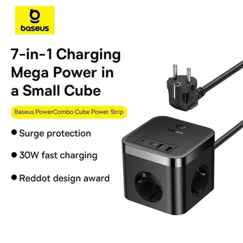 Сетевой фильтр Baseus PowerCombo Cube Power Strip 3xAC+2xUSB+2xType-C 30W (1.5m) black (E00066400117-00)