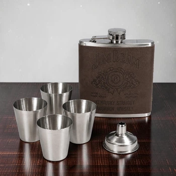 Подарочный набор фляга Jim Beam QK-2-4 Grey 7 oz/210 мл с рюмками