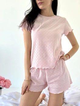 Жіноча піжама футболка+шорти з рюшами Rose Amour L/XL блідо-рожева SetPH1213-1