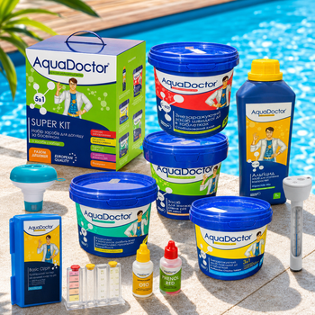 Набір засобів для догляду за басейном Стартовий 5в1 AquaDoctor Super Kit Хімія для басейну + поплавець для хімії + тестер для води + термометр (Kt04)