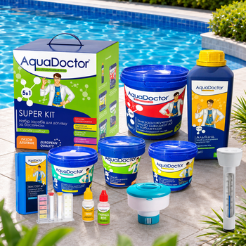 Набір засобів догляду за басейном Стартовий 5в1 AquaDoctor Super Kit Хімія для басейну + поплавок для хімії + тестер для води + термометр (Kt05)