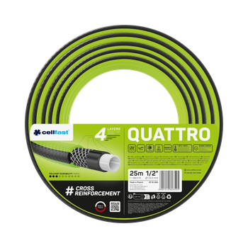 Шланг для полива Cellfast QUATTRO TSV 1/2" 25 м – прочный, износостойкий, легкий и гибкий для ежедневного полива.
