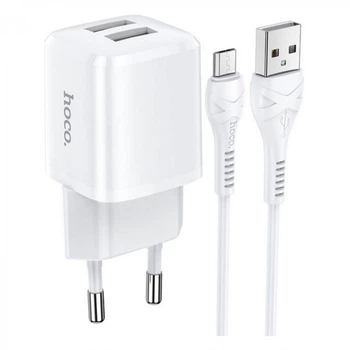 Мережевий зарядний пристрій Hoco N8 12 Вт, 2×USB-A, кабель Micro-USB 1 м для швидкого заряджання гаджетів, білий