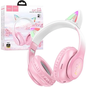 Беспроводные наушники Bluetooth W42 Cat Ear с LED подсветкой и ушками Розовые 40 мм динамики 12 часов работы для геймеров и путешествий