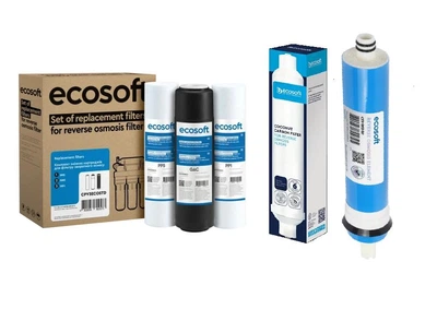 Комплект картриджів 1-2-3 Ecosoft Мембрана 50 GPD Вугільний постфільтр для осмосу CPV3ECOSTD CSV181250ECO CHV2010ECOPKG