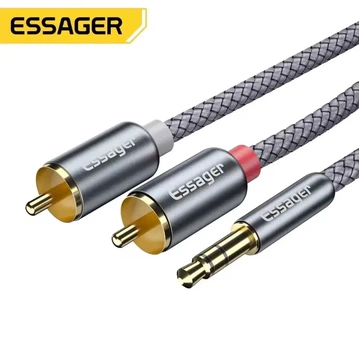 AUX Hi-Fi аудіокабель Essager (2 м) 3.5 мм → 2 RCA (тюльпани), нейлонове обплетення + алюмінієві конектори