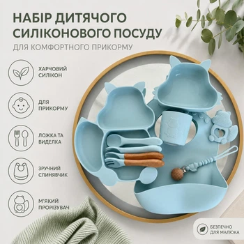 Набор детской силиконовой посуды для прикорма с секционной тарелкой, слюнявчиком, чашкой, ложками и вилками, голубой
