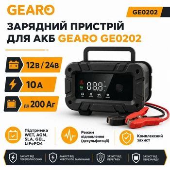 Интеллектуальное зарядное устройство для аккумулятора 12В/24В 10А до 200Ач с восстановлением Gearo GE0202
