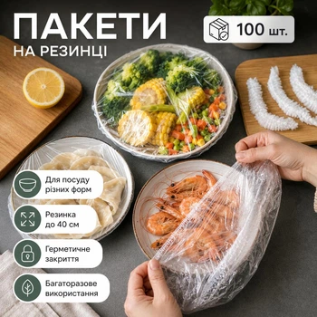 Харчові пакети на резинці FoodCover, 100 штук, прозорі